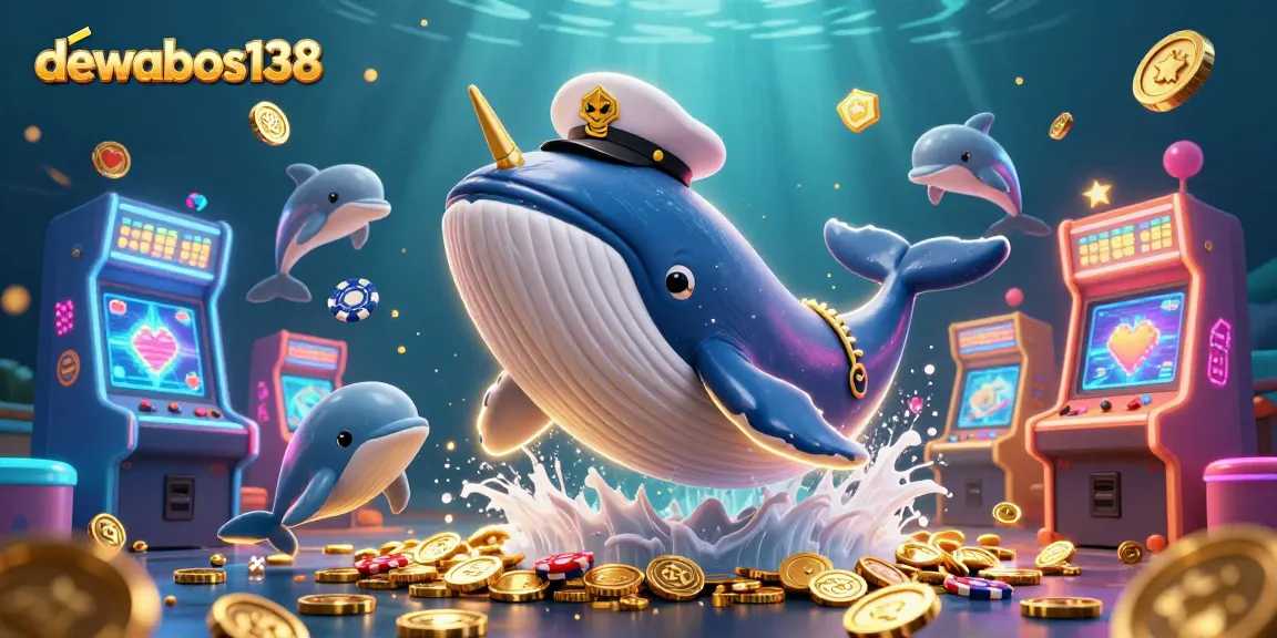 Experience the thrills of dewabos138 with a whale captain amidst casino coins and playful dolphins.