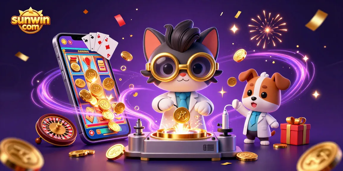 Spin to win with sunwin com in a vibrant 3D illustration of a mad scientist cat beside a gambling-themed smartphone.