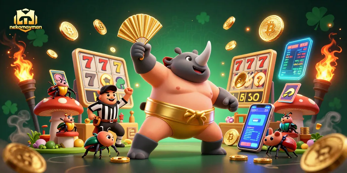Spin the reels of nekomayman while a sumo champion and referee delight in the excitement of slot winnings.