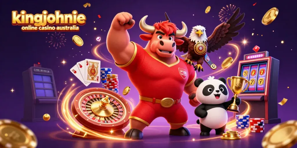 Experience thrilling action at kingjohnnie online casino australia with vibrant characters and casino elements.