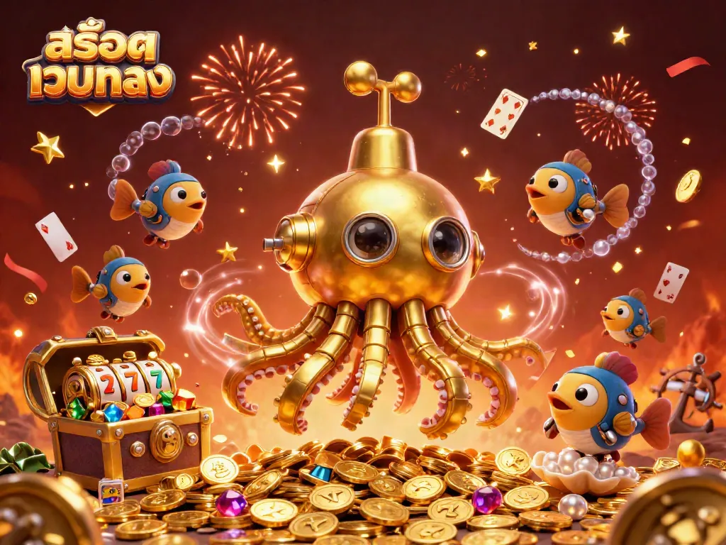 Engage with สล็อตเว็บตรง as a golden kraken submarine surfaces through a sea of coins.