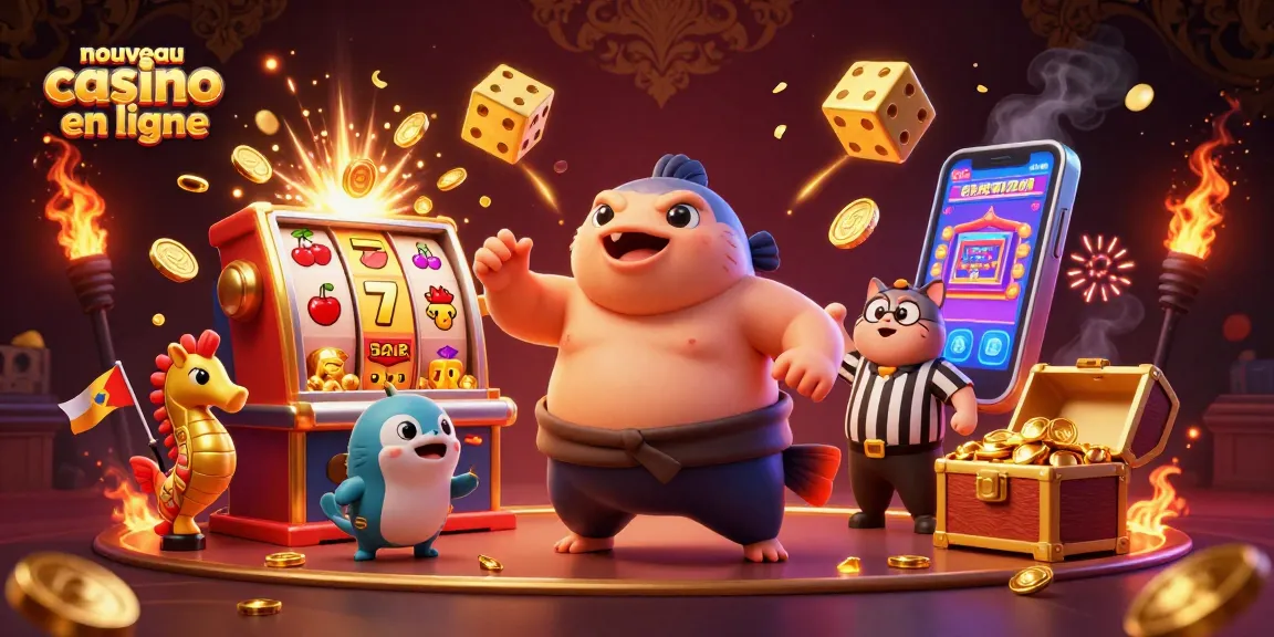 Célébrez le nouveau casino en ligne avec une illustration dynamique de jeux de hasard et de gains captivants.