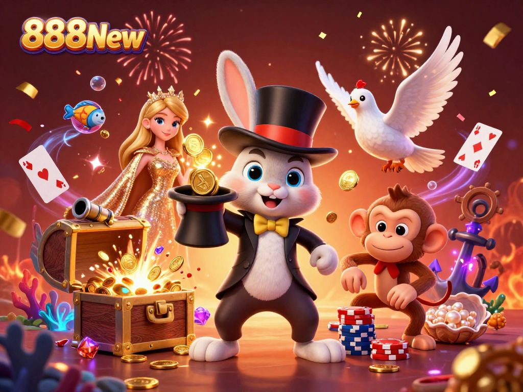 Engage in electrifying fun with 888New as the magician rabbit conjures coins in a vibrant casino adventure.
