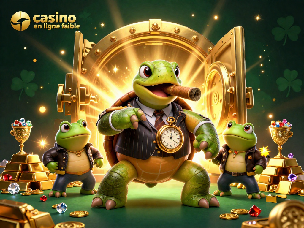 Jouer au casino en ligne fiable avec une tortue massive en costume vintage entourée de grenouilles et d'effets lumineux.