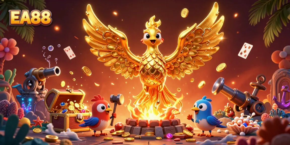 Experience the thrilling EA88 casino adventure with a molten phoenix and treasure-filled scene.