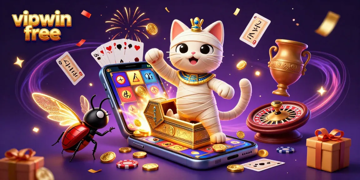 Experience vibrant 3D action at vipwin free with a cartoon mummy cat and gaming elements in a dazzling casino setting.
