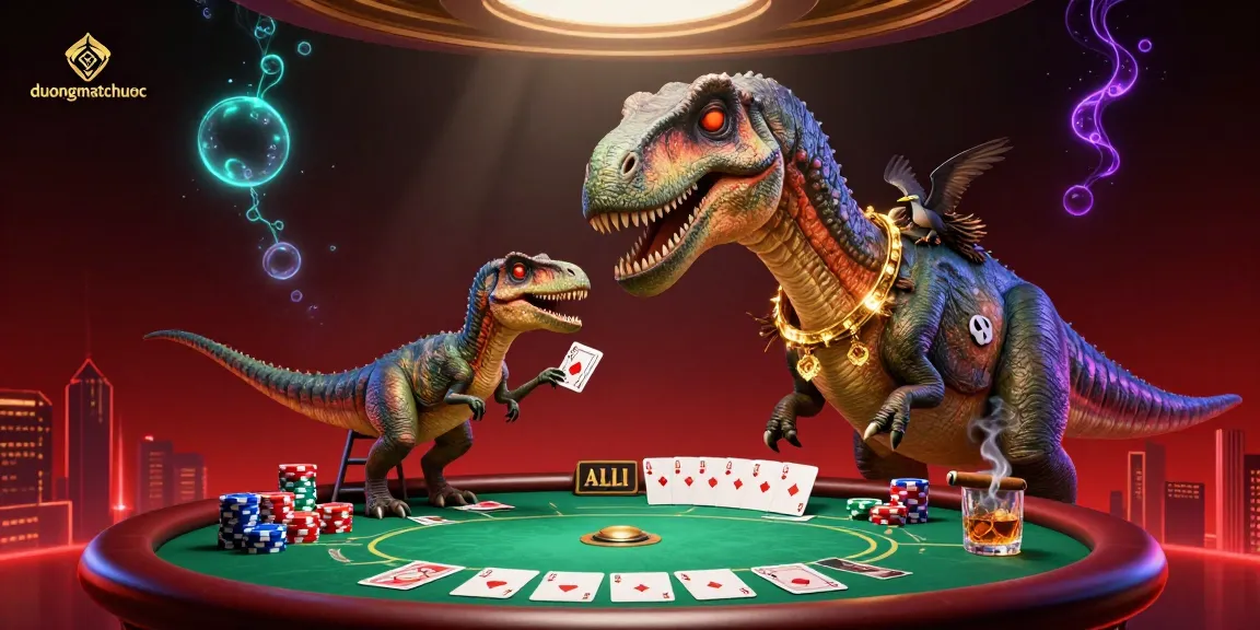 Experience duongmatchuoc in a vibrant casino scene with a towering brontosaurus dealing cards.