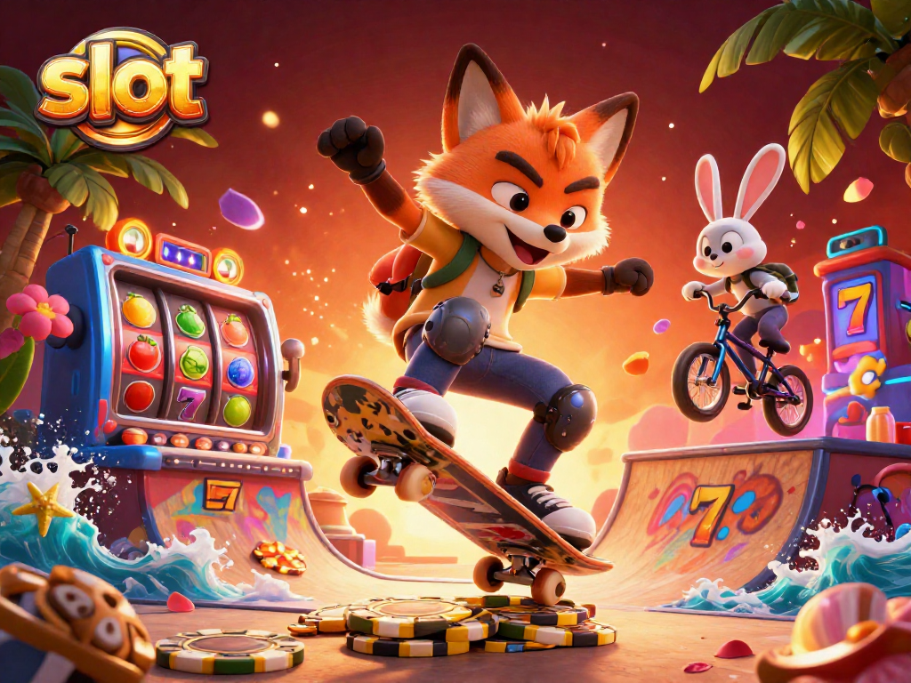 Spin the slot reels with vibrant symbols in this dynamic casino illustration featuring a skateboarder fox.