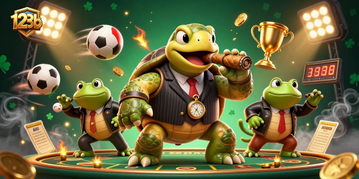 The snapping turtle character at 123b highlights casino excitement with vibrant sports betting elements.