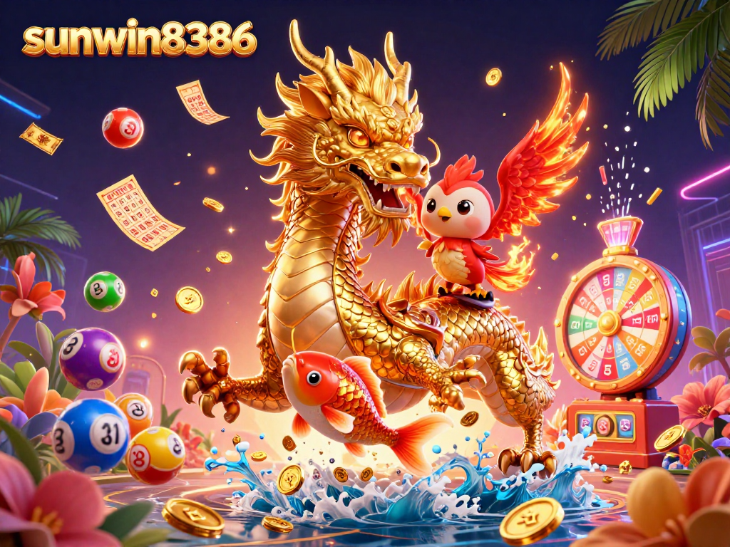 Engage with the lively world of sunwin8386, featuring a glowing dragon, phoenix, and koi fish amidst vibrant gaming elements.