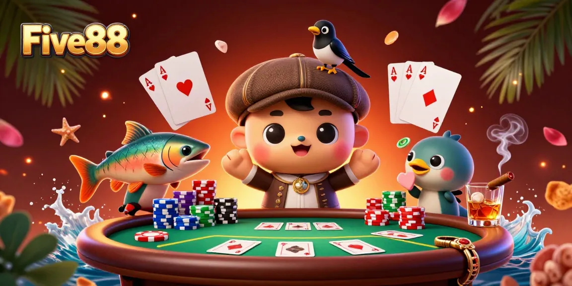 Engage with Five88, featuring a playful Loch Ness monster at a vibrant poker scene with colorful chips.