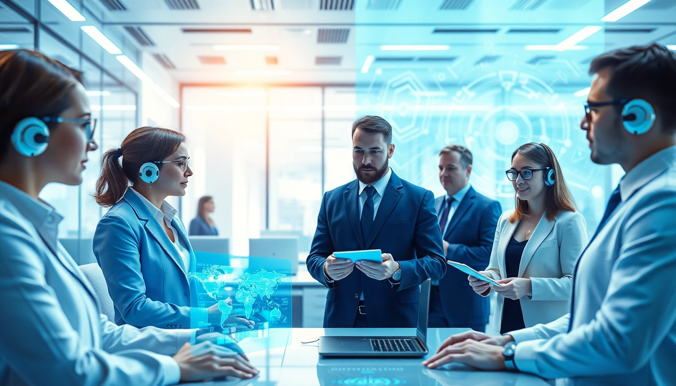AI agents collaborating in a high-tech office environment with advanced technology.