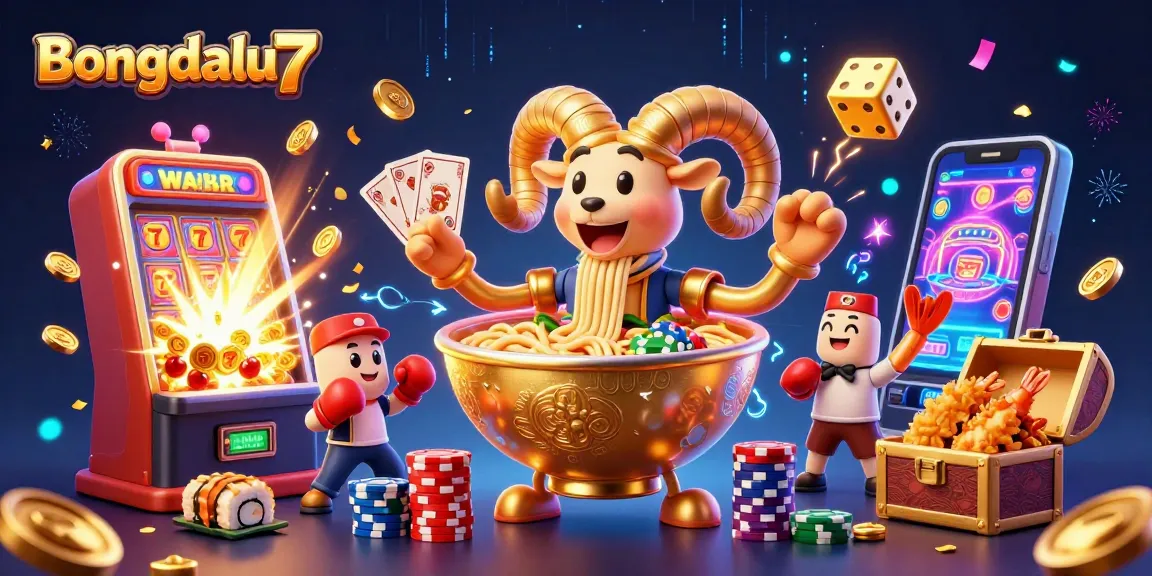Bongdalu7 showcases a vibrant casino scene with a giant ramen bowl character delighting players while betting in a dynamic, colorful setting.