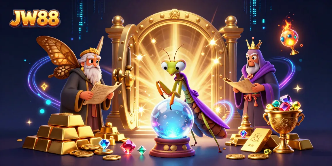 Experience the thrill with JW88's vibrant 3D casino scene featuring mystical characters and treasures.