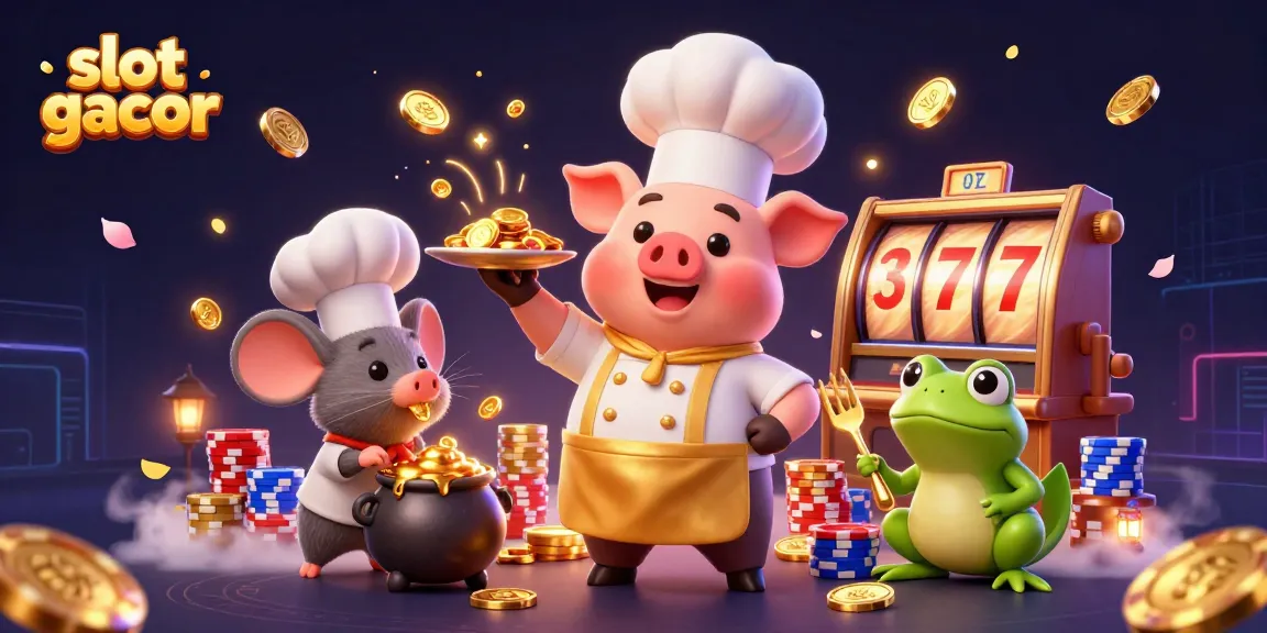 Engage with slot gacor excitement as characters share golden coins and lucky slot reels in a vibrant casino scene.