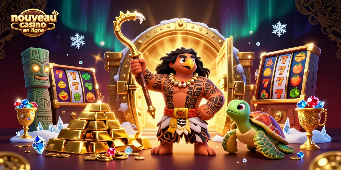 Illustration d'un nouveau casino en ligne avec un dieu Maui et des éléments de machines à sous.