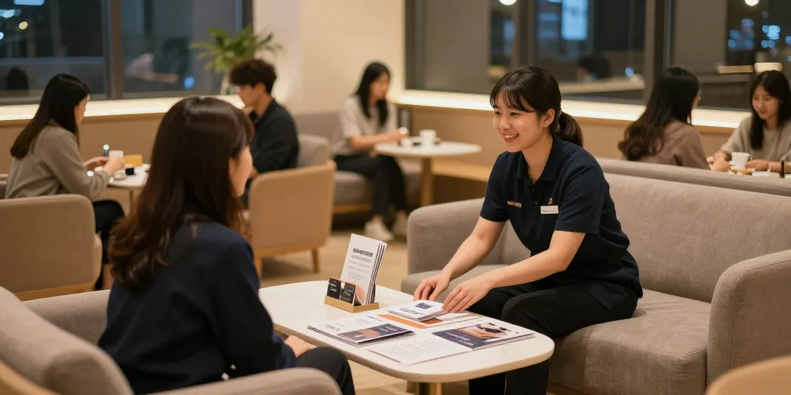 Welcoming OP service staff guiding a customer in a cozy lounge area, emphasizing 오피 services.