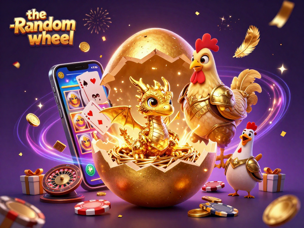 Engage with the-random-wheel as a golden dragon emerges from a poker chip nest amidst vibrant casino symbols.
