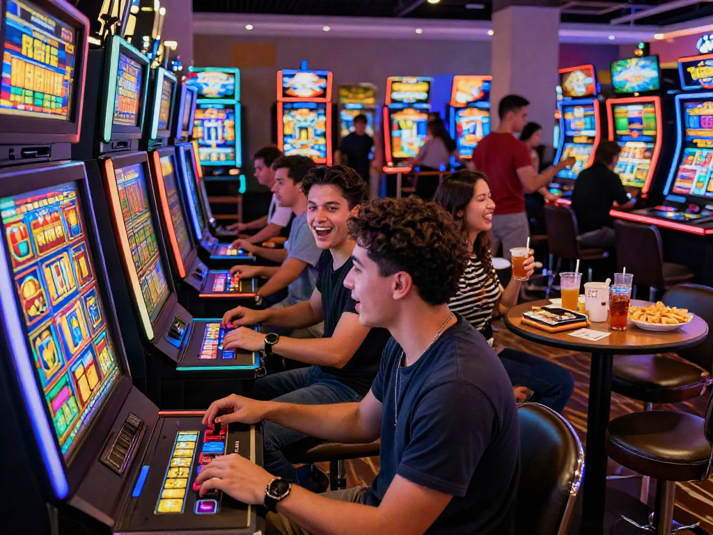 Group enjoying slot gacor machines in a lively casino scene filled with excitement.