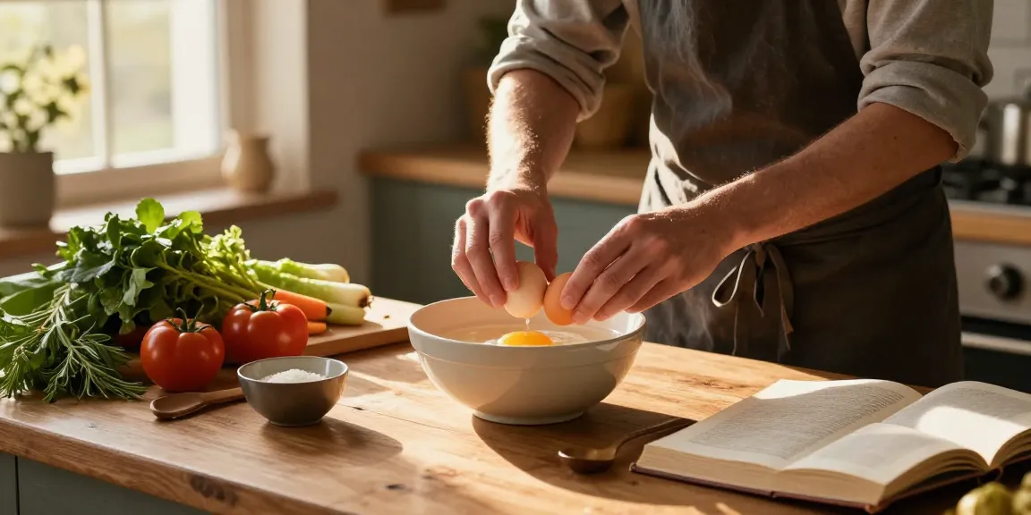 Menampilkan panduan Egg Float Test dari NAGA2000 https://www.eggfloattest.com/contact dengan telur segar dan alat dapur di suasana hangat.