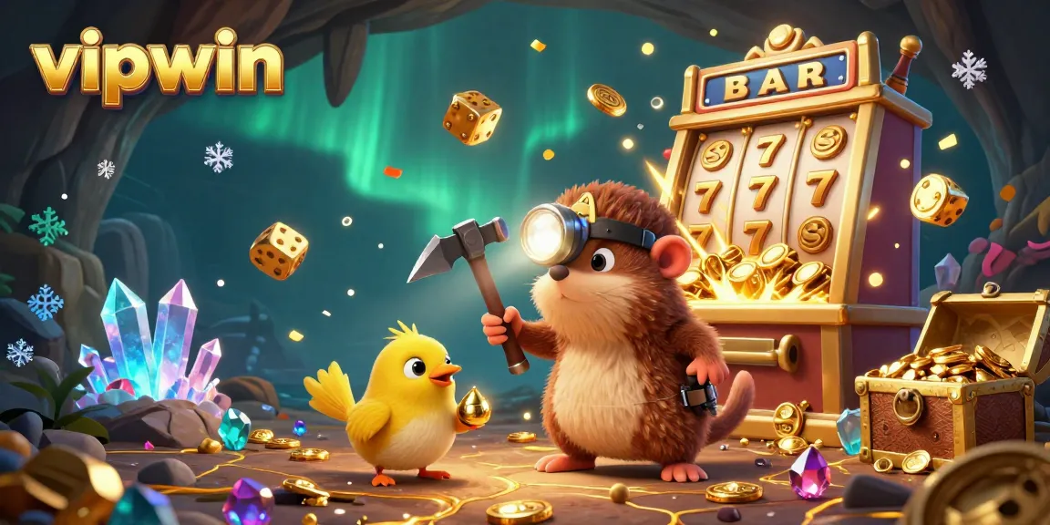 Win big at vipwin with a vibrant 3D illustration showcasing a treasure hunter mole amidst colorful casino elements.