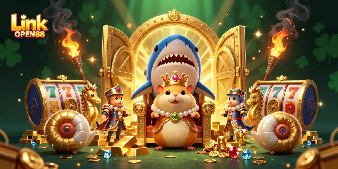 Engage with thrilling gameplay at Link OPEN88 featuring a dynamic 3D illustration of a golden hamster king amidst sparkling treasures.