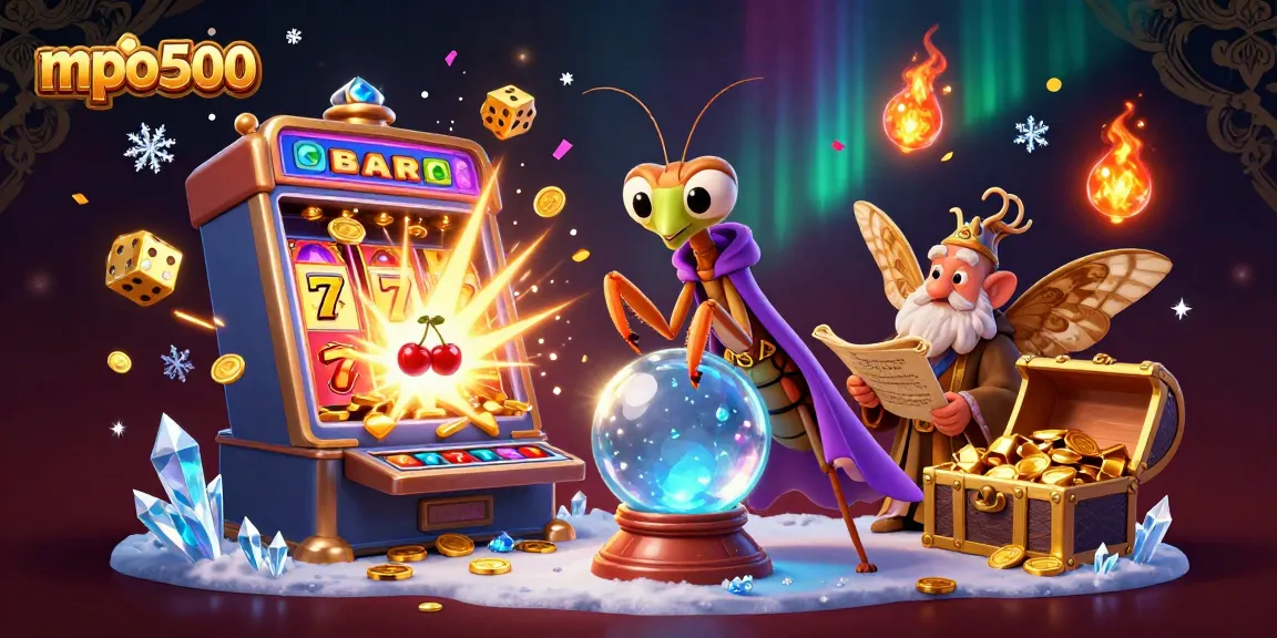 Engage with mpo500's vibrant online casino world, showcasing a dynamic illustration of fortune tellers and slot machines.