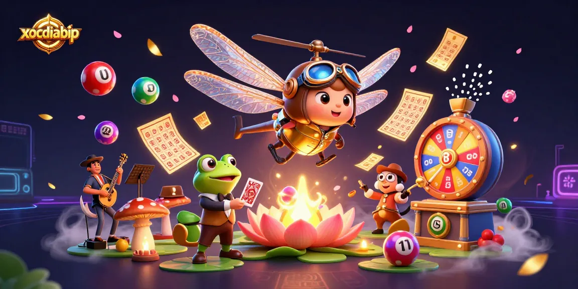 Xocdiabip captures vibrant casino excitement with dragonfly pilot and frog dealer in a lottery scene.