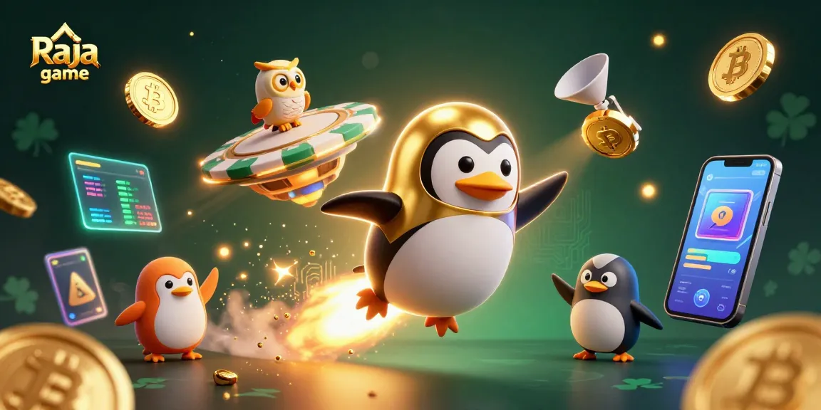 Win big with Raja game as a golden penguin launches toward a casino space station, bursting with excitement.