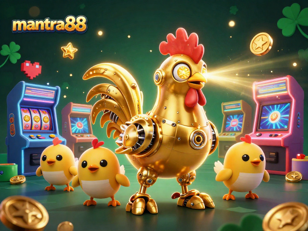 Engage with mantra88's vibrant gaming experience featuring golden rooster robots and arcade machines.