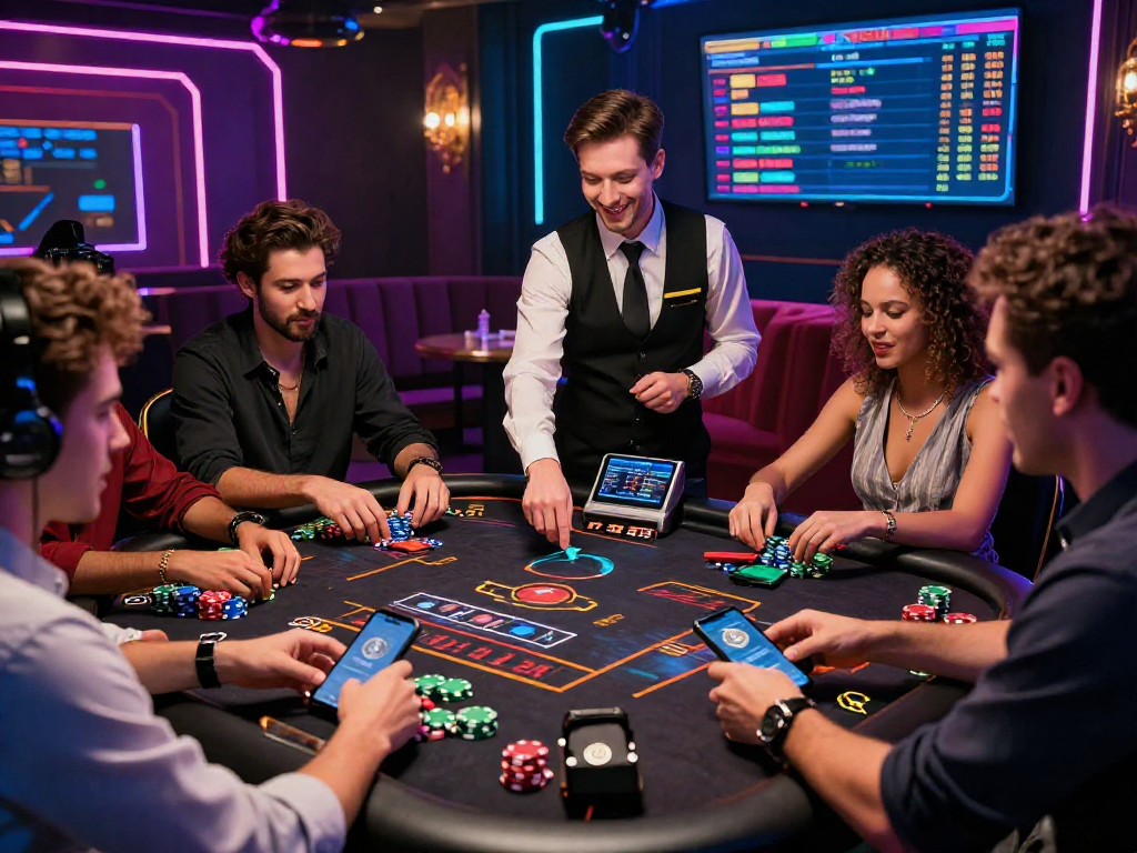 Exciting crypto casino atmosphere showcasing diverse players, high-tech gaming tables, and vibrant neon lights.