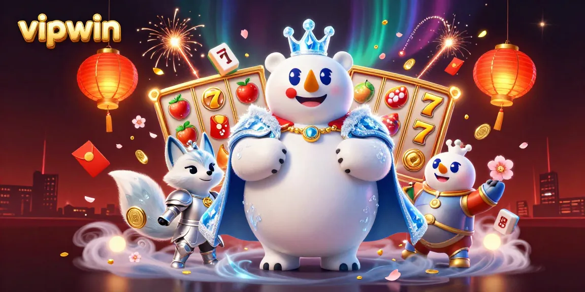Win big with vipwin: a vibrant 3D casino scene featuring slot reels and animated characters.