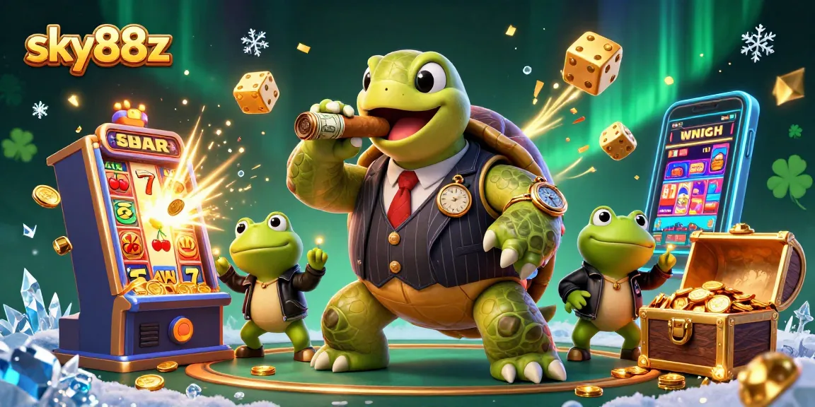 Engage with the vibrant sky88z casino scene showcasing a snapping turtle, bullfrog enforcers, and jackpot excitement.