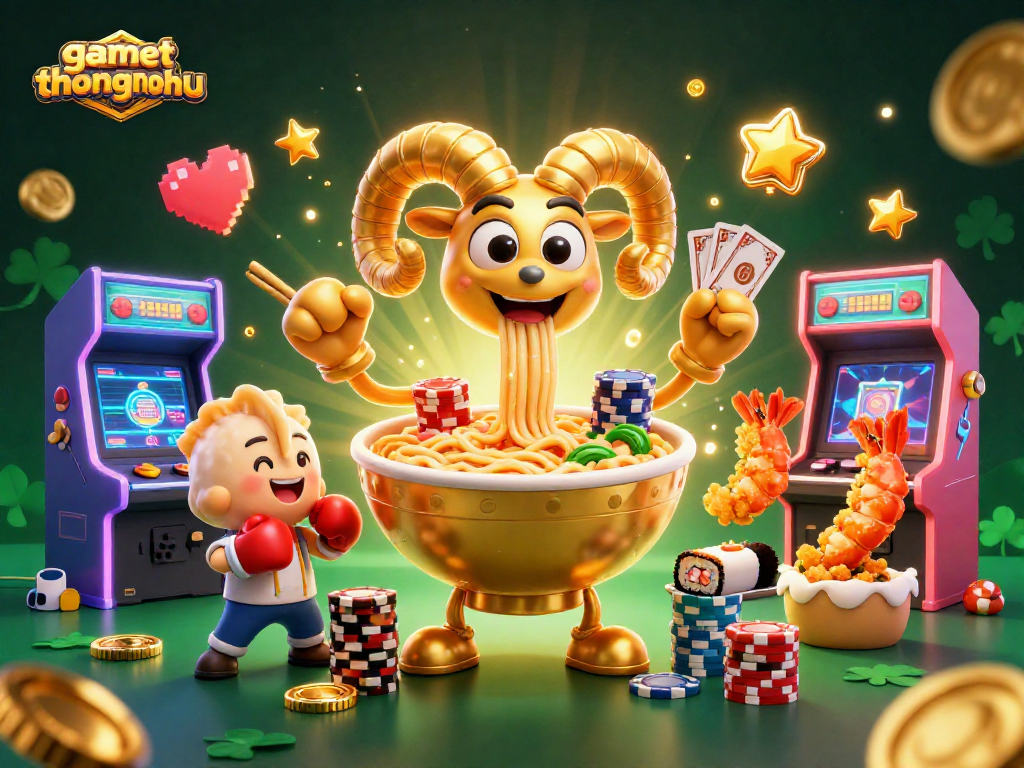 Gamethuongnohu showcases a vibrant 3D arcade scene filled with captivating casino gaming elements.