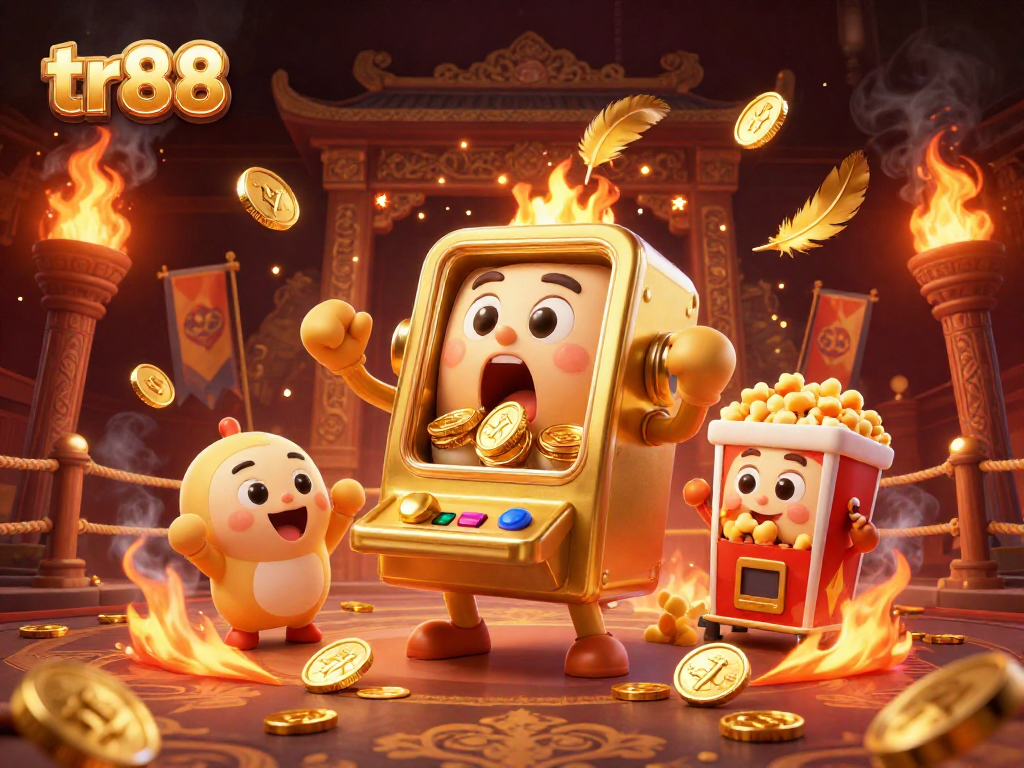 Experience the thrilling excitement of tr88 as a golden slot machine hits the jackpot with cheering friends!