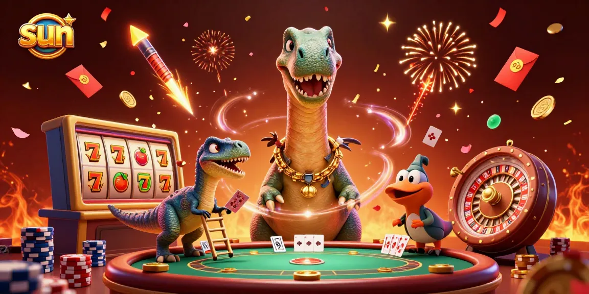 Engage with the sun-themed casino world, featuring a towering brontosaurus and vibrant slot elements.
