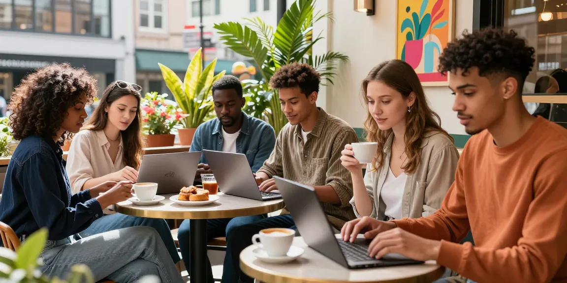 Engaging lifestyle moment at kirstenpricexxx.com showcasing dynamic outdoor café environment with friends working and enjoying coffee.