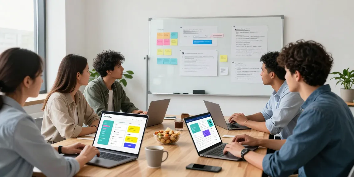 Creative collaboration around app design interface for https://www.bdtjl.app/ featuring a diverse team in a modern office.