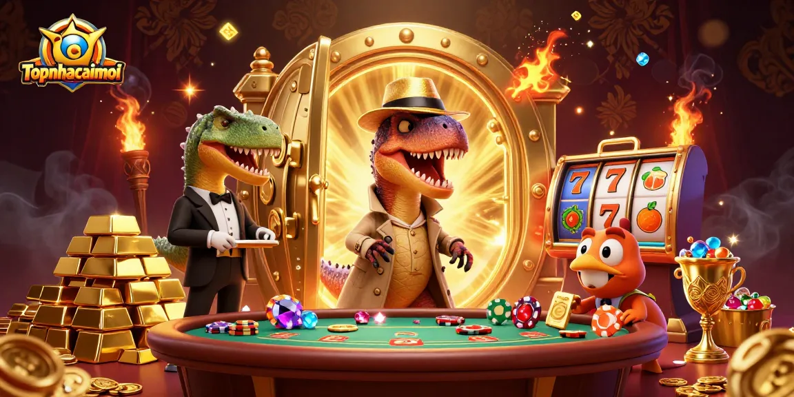 topnhacaimoi showcases a 3D velociraptor at a blackjack table surrounded by gold treasures and gaming elements