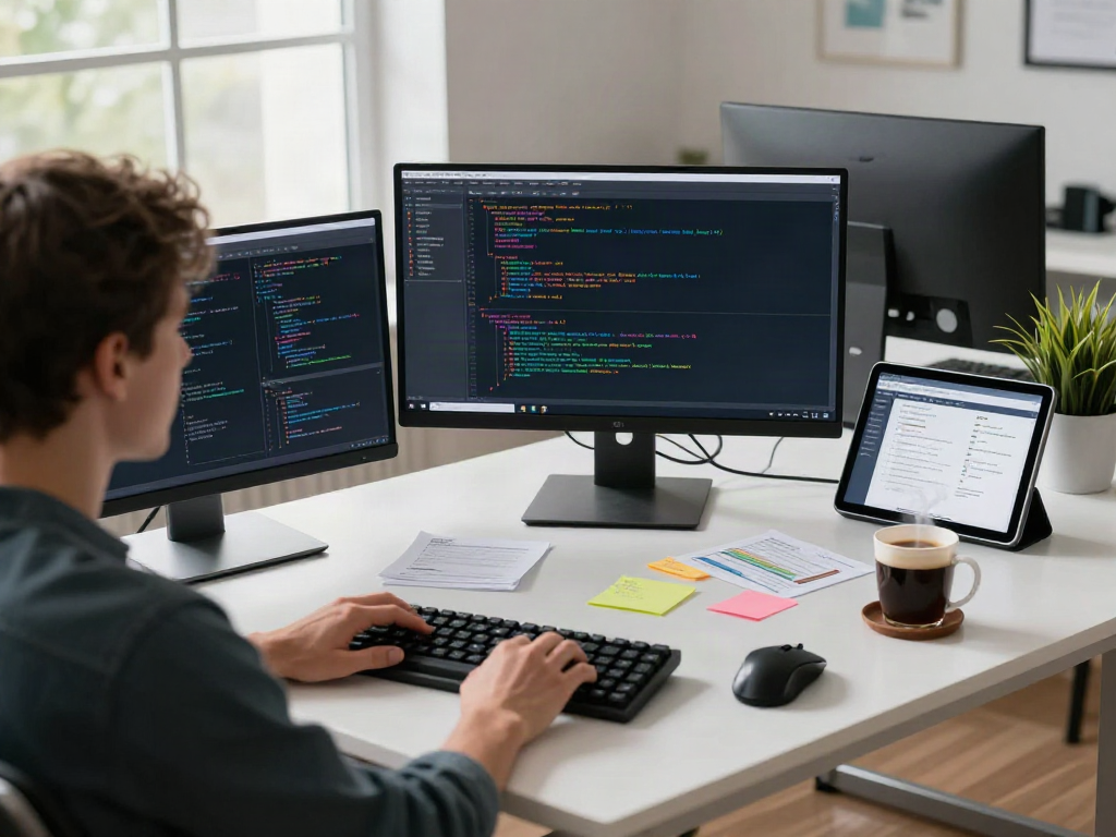 v2rayN官网 coder focused on programming in a modern workspace with tech gadgets