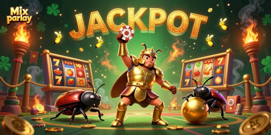 Mix parlay scene showcasing a victorious beetle champion in a dynamic casino setting with gold coins.