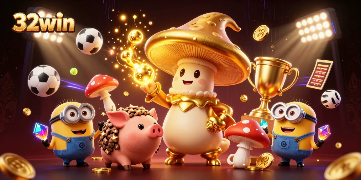 Experience the magic of 32win with sports balls and treasures in a vibrant casino scene.