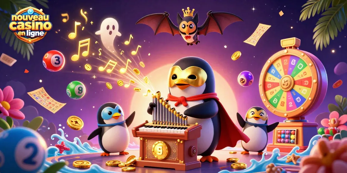 Plongez dans l'univers du nouveau casino en ligne avec un pingouin emblématique jouant un orgue rempli de pièces d'or.
