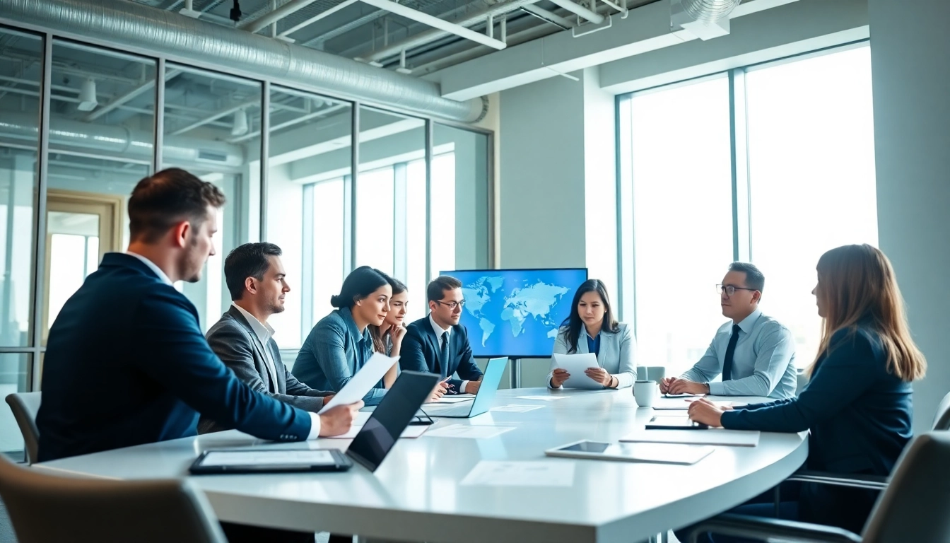 Consultants collaborating on FCPA/DCAA compliance strategies in a modern office setting.