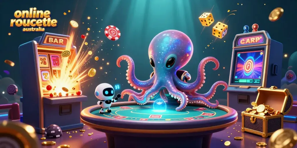 Engaging scene showcasing the online roulette australia experience with an alien octopus and robot at a poker table.