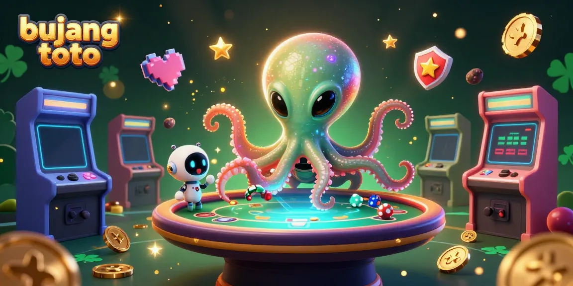 Engage with bujang toto at a vibrant 3D casino, featuring a cartoon alien octopus and a robot amidst glowing game elements.