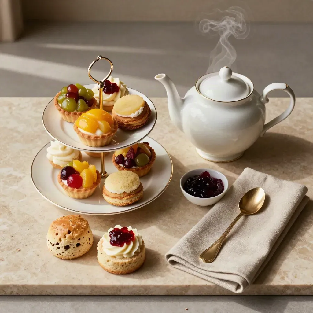 Overhead tea set with teapot, scones, jam, cake stand and linen on stone