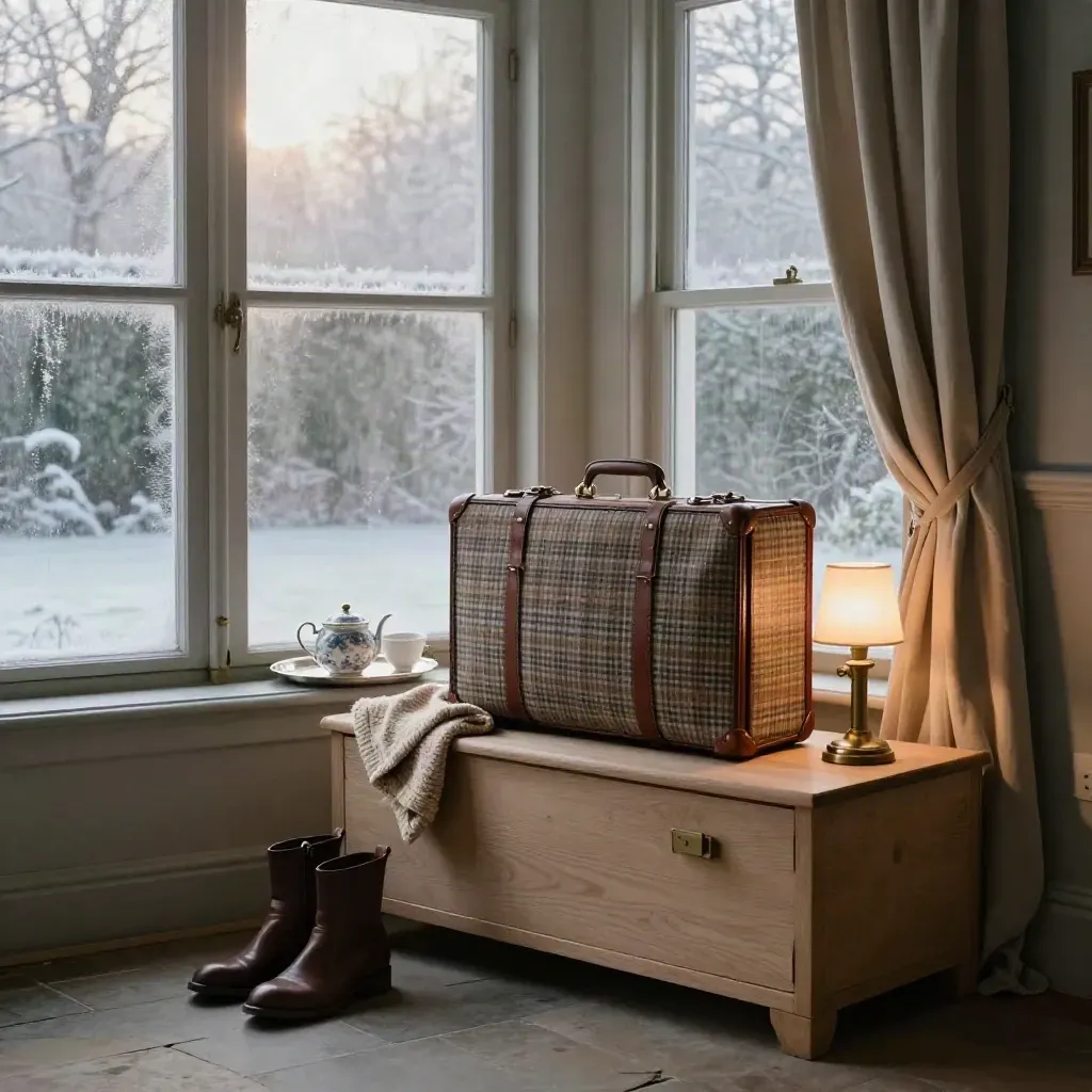 Winter garden-room scene with overnight case, tea tray, boots, and brass lamp by a frosted window
