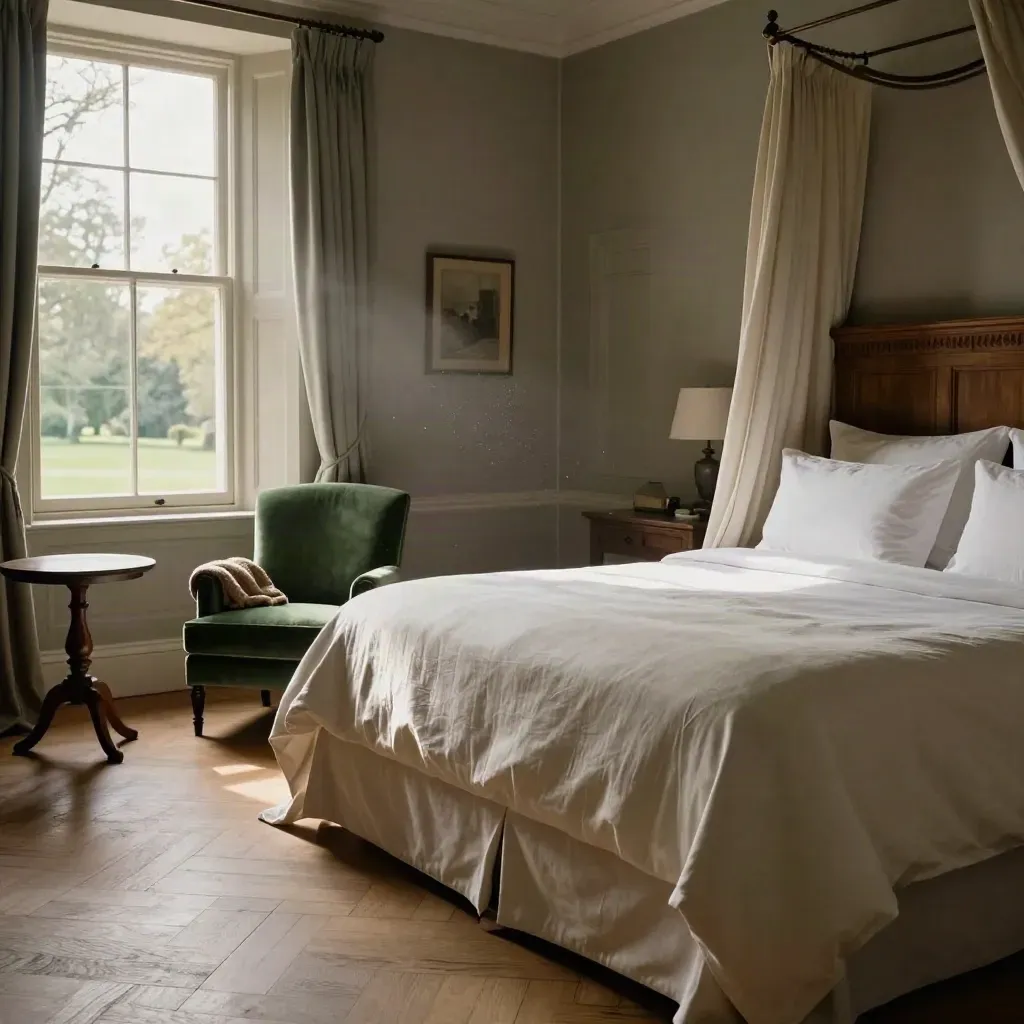 Heritage Manor Suite bedroom corner with oak bed, green chair and morning window light