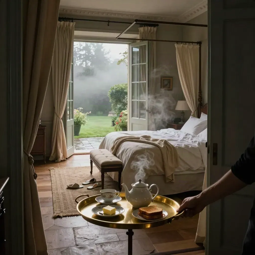 Brass breakfast tray, four-poster bed, slippers and open garden doors in a manor bedroom at dawn